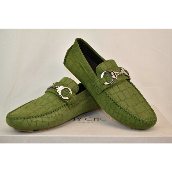 JIMMY CHOO BROGAN LIGHT OLIVE CROC PRINT SUEDE HANDCUFF DRIVING LOAFERS 39 6